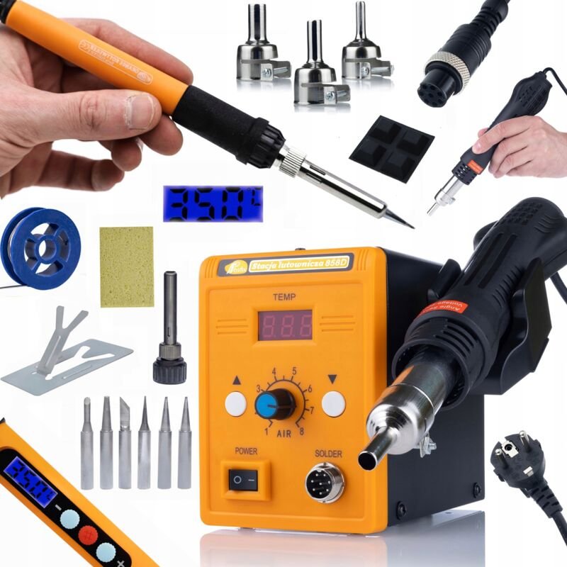 Rosfix Set Lötstation 858D + Präzisionslötkolben Electric S – 700W Heißluft, 60W Kolben, LCD, 100–500 °C 6 Spitzen, 3 Dü...