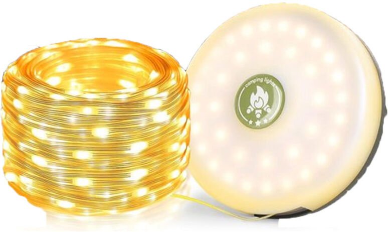 10 m lange Lichterkette für Camping mit warmweißem Licht, farbigen Taschenlampenmodi und USB-Aufladung.