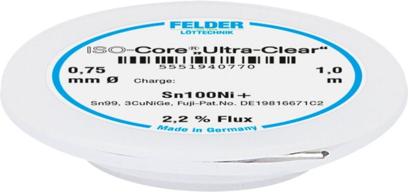 Thumbnail - Felder Löttechnik - Felder ISO-Core 'Ultra-Clear' Sn100Ni+ Lötzinn, bleifrei Spule Sn99,25Cu0,7Ni0,05 0.75 mm