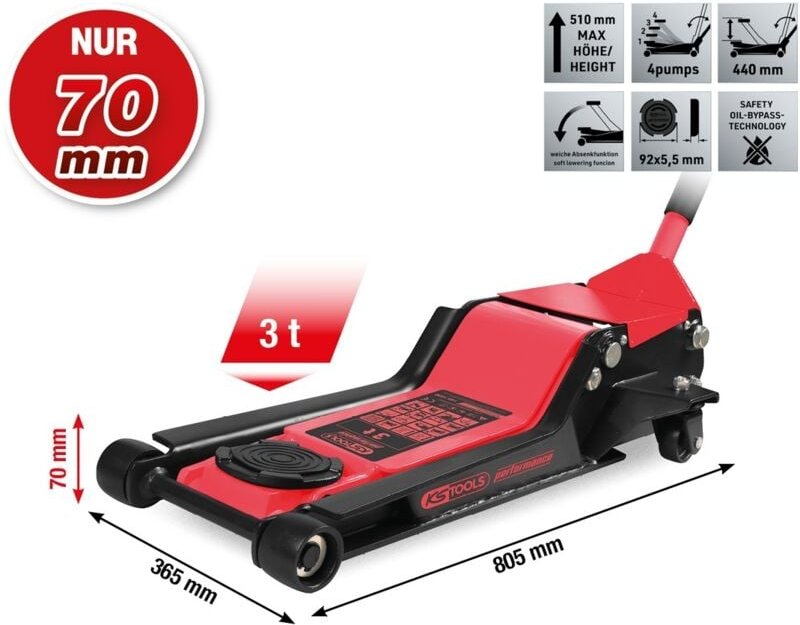 Ks Tools - performance Hydraulischer Stahl-Wagenheber, 3000 kg, extra flach, Hubhöhe: 70-510 mm