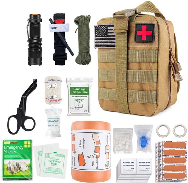 Komplettes militärisches taktisches Erste-Hilfe-Set, zusammengebaut in Frankreich, CE-Normen + kleines Set + Schultergur...