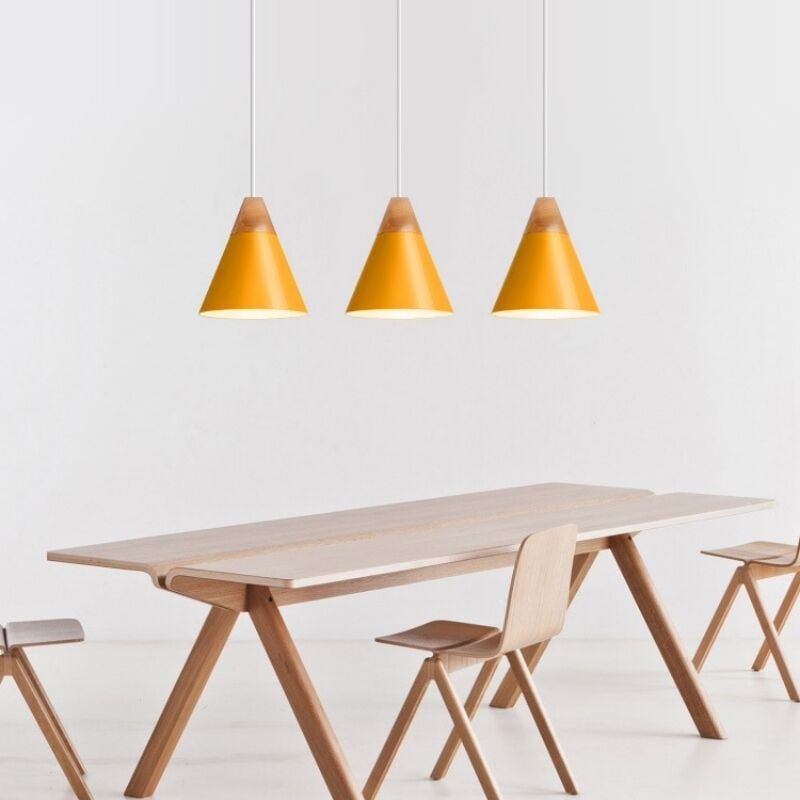 3 Stück Moderne Pendelleuchte Industrielle Hängelampe Holz Metall Deckenleuchten für Esszimmer Küche Dunkelgelb Ø22cm