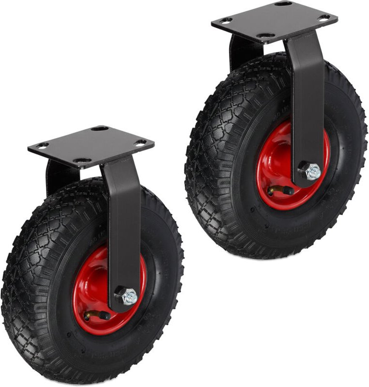 Relaxdays Bockrolle 2er Set, 3.00-4, bis 120 kg, Gummi, Stahlplatte, luftbereift, Schwerlastrad, Gummirolle, schwarz/rot