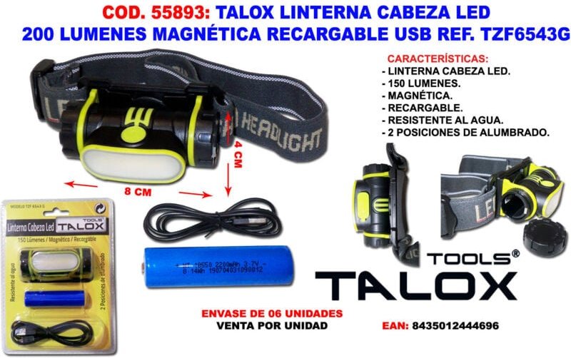 Talox LED-Stirnlampe, 200 Lumen, usb wiederaufladbar, magnetisch