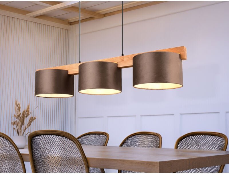 Meinewunschleuchte - Pendelleuchte lanat Holzbalken 3-flammig mit Samtschirmen Braun, Breite 100cm