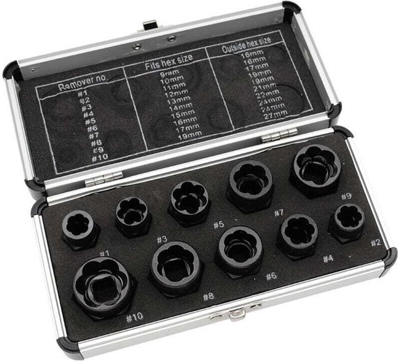 Set mit 10 Schlagmutterausdrehern zum Entfernen beschädigter, verrosteter und abgenutzter Schrauben, Muttern und Bolzen.