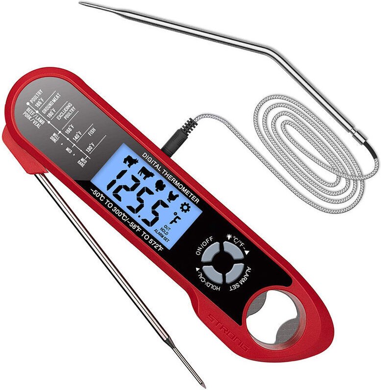 Digitales Küchenthermometer mit Timer, sofort ablesbares Kochthermometer mit Doppelsonden-LCD-Display und Alarmeinstellu...