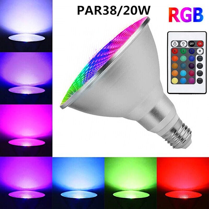 Kcvv - LED-Farbbirnen, 20 w, wasserdicht, RGB-LED-Glühbirne, E27 Par38, mit 24-Tasten-IR-Fernbedienung (rgb und Kaltweiß...