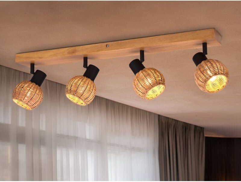 Deckenstrahler TAVAR 4-flammig Holz mit Rattan Schirmen, Breite 70cm