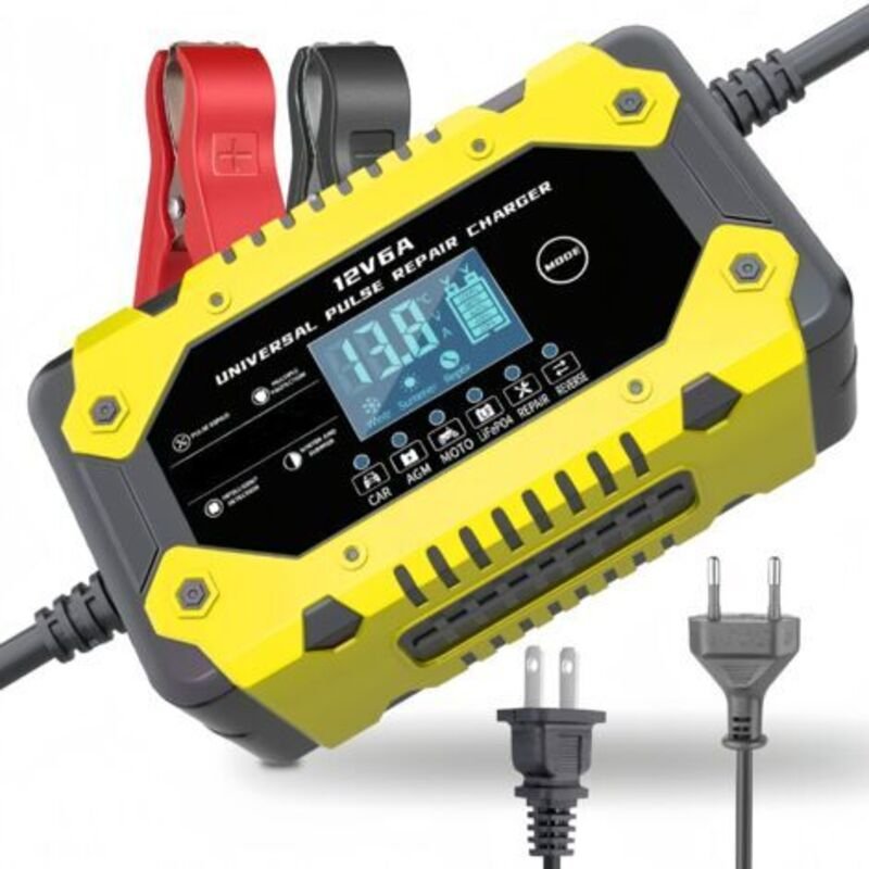 Gelbes 12V 6A Ladegerät für 12V Autobatterien, 12V Motorradbatterien und 12V Batterieladegeräte