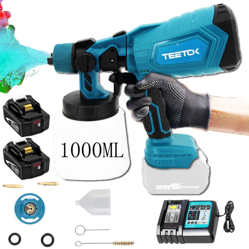 Akku Farbsprühsystem Set Elektrische Farbspritzpistole Farbspritzgerät Lackierpistole 1000ml 18V LXT +2x5.5A Akku+DC18RC...