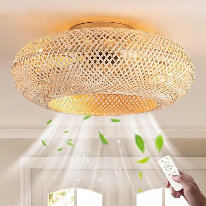Deckenventilator mit Beleuchtung Antike Bambus Deckenlampe Retro Kreative Rattan Lampenschirm Kronleuchter E27 Handgeweb...