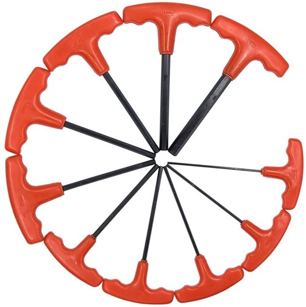 10-teiliger Sechskantschlüsselsatz mit flachem Kopf, T-förmiger roter Griff, H2-H10, geschwärzter Eisenrahmen