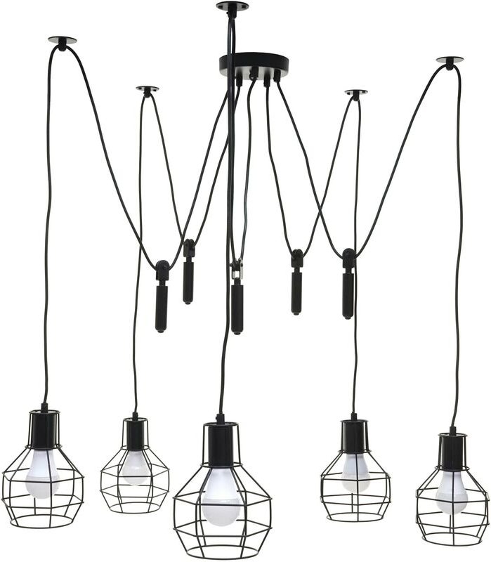 Pendelleuchte HHG 195, Hängelampe Hängeleuchte, Industrial Metall höhenverstellbar schwarz 5x Gitterlampenschirm