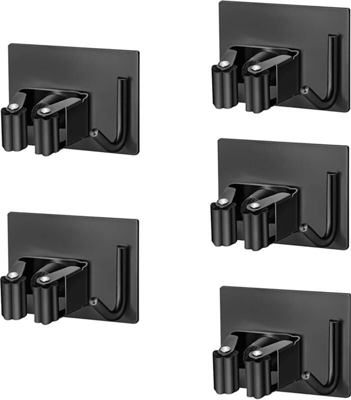 Wall Mounted Broom Holder, 5 Pieces Adhesive Wall Mounted Broom Holder with Position and Hook, Wall Mounted Broom Holder...