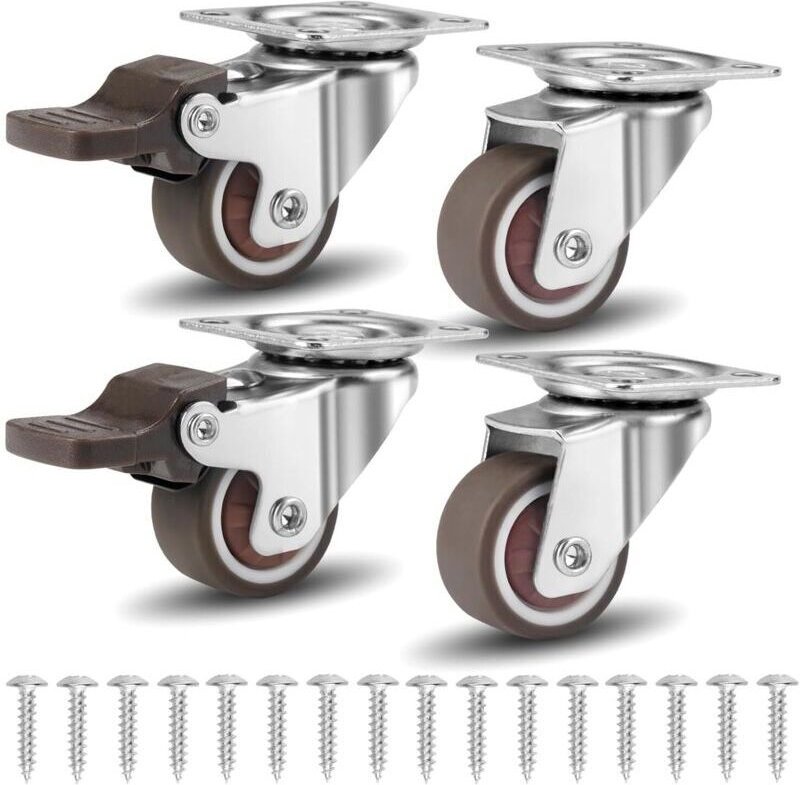 Set mit 4 Lenkrollen, 25 mm Lenkrollen für Möbel, Lenkrollen mit Schrauben, 2 mit Bremsen + 2 ohne Bremsen, Tragkraft 60...