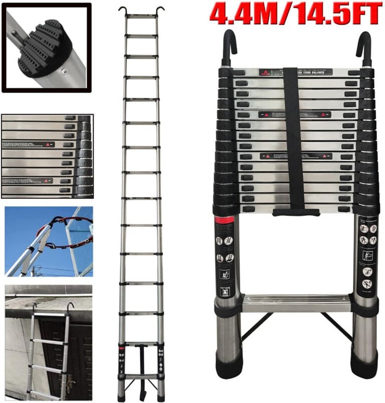 4,4M Teleskopleiter mit 2 Haken Klappleiter Rutschfester, 150 kg Belastbarkeit