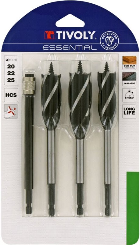 Set bestehend aus 4 Teilen – 3 Holzbohrer mit 4 Schneiden ø 20 bis 25 mm + 1 Verlängerung - Tivoly