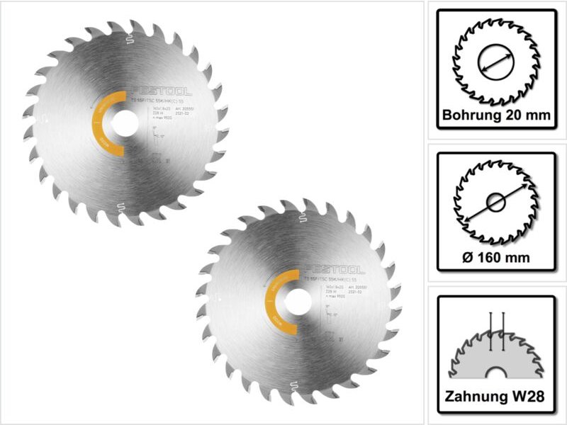 Kreissägeblatt Wood Universal hw 160 x 1,8 x 20 W28 2 Stk. ( 2x 205551 ) für Tauchsägen ts 55 f, tsc 55 k & Handkreissäg...