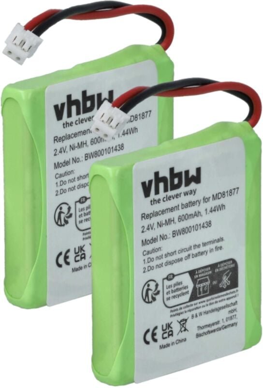 Vhbw - 2x NiMH Akku 600mAh (2.4V) kompatibel mit schnurlos Festnetz Telefon bt Verve 410 single, 410 sms, 410 treo Ersat...
