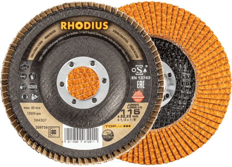 Rhodius - jumbo longlife extended, 10 Stück, 115 mm, Korn 80, Fächerschleifscheibe