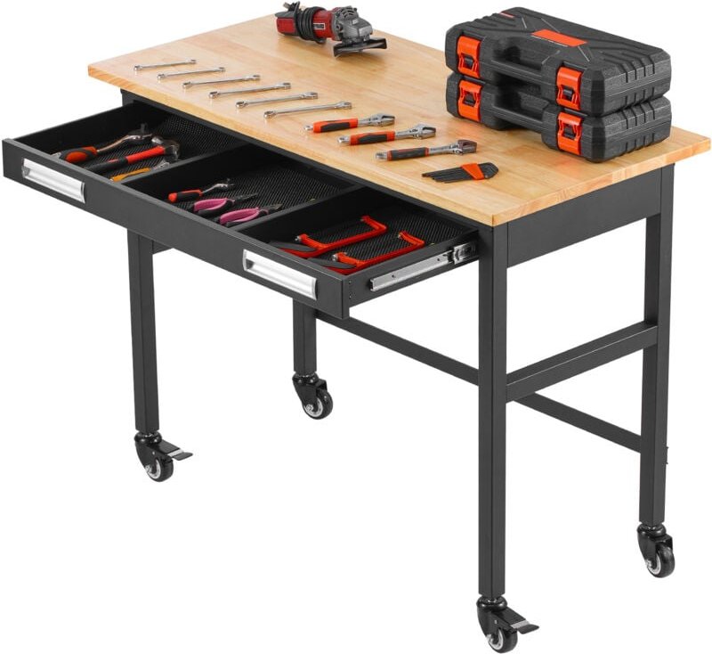 Werkbank, 48 Zoll, 1500 lbs Tragkraft. Mit ausziehbarer Schublade, Rädern. Robuste Eichenholzplatte. Ideal für Garage, W...