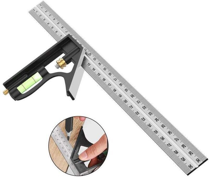 Kombinationswinkelmesser, 300 mm Kombinationswinkel aus Edelstahl, Kombinationswinkel mit Wasserwaage und praktischem Sc...
