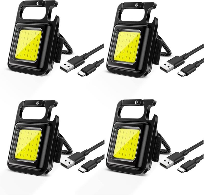 4er-Pack tragbare Mini-LED-Taschenlampe, wiederaufladbar, 500 Lumen, magnetisches Schlüsselanhänger-Arbeitslicht mit fal...