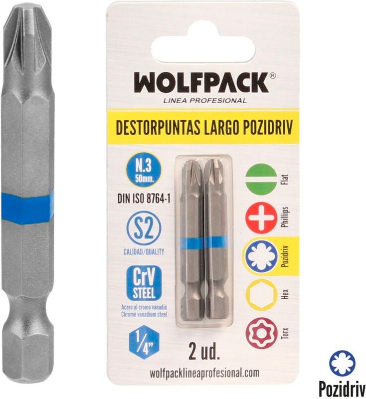 Langer Pozidriv-Bit-Entferner Nr. 3 (2 Stück) S2 Chrom-Vanadium-Stahl. Sechskant-Bits, Spitzenentferner,