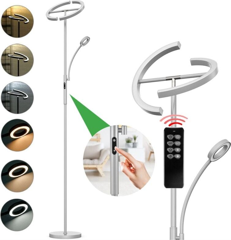 Stehlampe LED Dimmbar Grau Stehleuchte mit fernbedienung 20W mit flexibler 7W Leselampe mit 4 Farbtemperatur für Wohnzim...