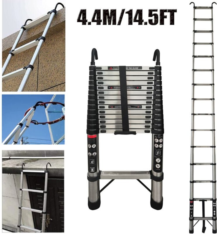 4,4M Teleskopleiter mit Haken Edelstahl Leiter Klappleiter Ausziehleiter EN131