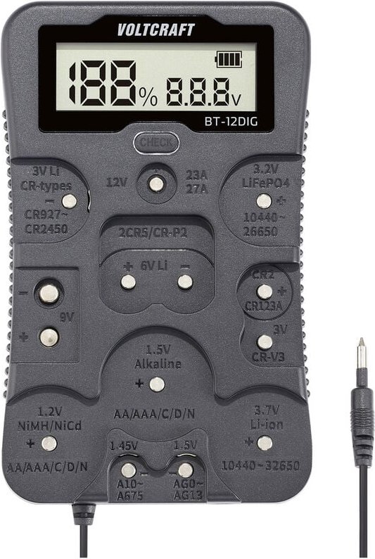 Voltcraft - Batterietester BT-12DIG Messbereich (Batterietester) 1,2 v, 1,5 v, 3 v, 3,7 v, 6 v, 9 v, 1