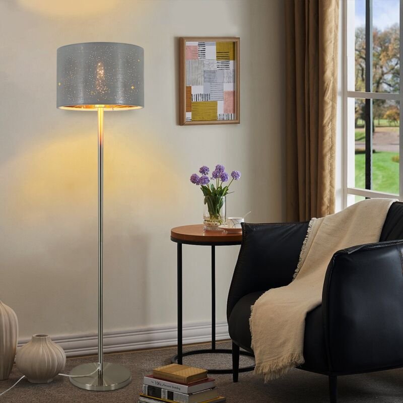 Thumbnail - Stehlampe Wohnzimmer Modern Stehleuchte - Standleuchte aus Stoffschirm im Graugold Stern Design 144cm Standlampe mit E27...