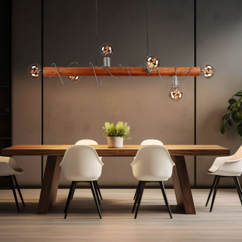 Hängeleuchte Holzbalken Esszimmerleuchte Holz Hängelampe Höhenverstellbar, Metall, 6x E27 Fassungen, LxBxH 100x20x120 cm