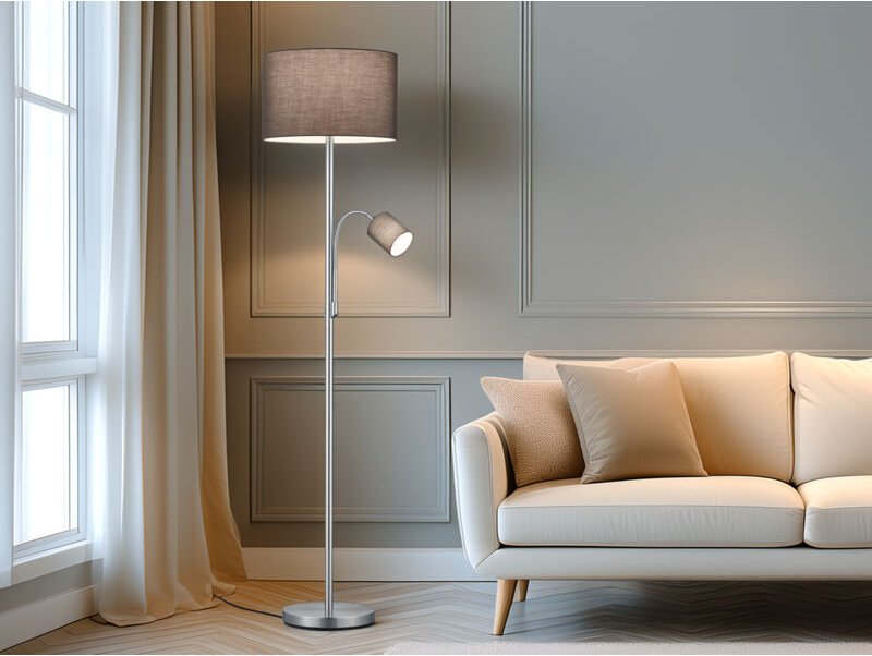 Led Stehleuchte Silber mit Leselampe, Stoffschirme Grau, Höhe 170cm