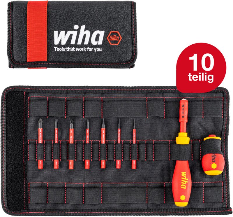 Schraubendreher und Bit Set slimVario (41233) 10 tlg. in Falttasche vde Elektriker mit Griff, Schlitz, Kreuzschlitz, Plu...