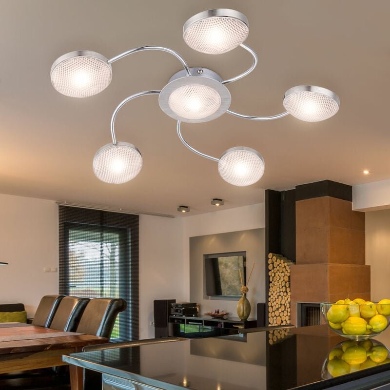 Led Deckenleuchte 6 flammig Deckenstrahler Nickel matt Chrom Alu Deckenlampe, 5 Arme, 6x led warmweiß, 43x6cm, Wohnzimme...