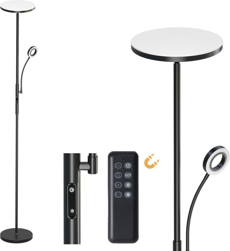 Modlicht LED Stehleuchte Schwarz 175cm 30W mit Leselampe 5W,3000K-6000K,Metall,Touch,Fernbedienung,CRI95,für Wohnzimmer ...