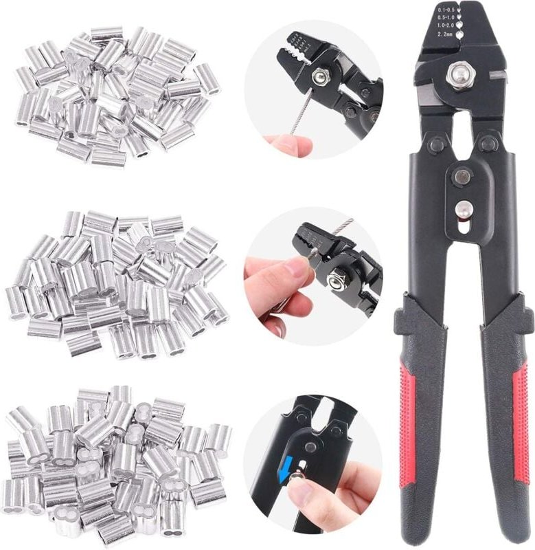Drahtseil-Crimpwerkzeug bis 2,2 mm mit 180 Stück 1,2/1,5/2 mm Aluminium-Doppelrohr-Crimpwerkzeug