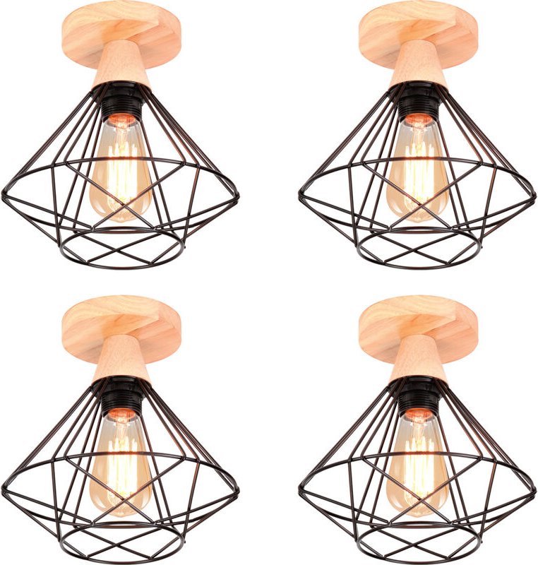 Axhup - 4x Industriell Metall Hölzern Deckenlampe Design in Rautenform Lüster E27 Kronleuchter für Wohnzimmer Korridor F...