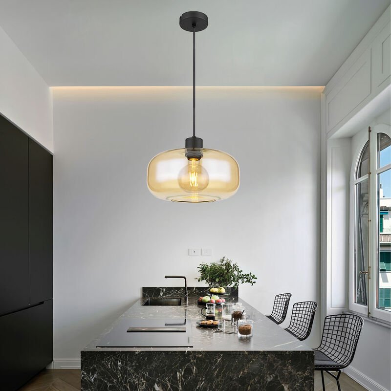 Pendellampe Hängelampe Wohnzimmerleuchte amber Esstischlampe modern bauchiger Glasschirm, Metall schwarz matt, 1x E27 Fa...