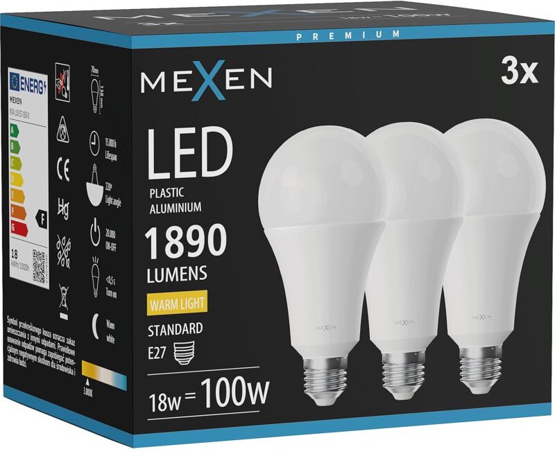 Mexen Nova 3x LED-Glühbirne E27, A70, 18W, Warm - 3000K, 1890 lm - L100-E27-1830-01x03
