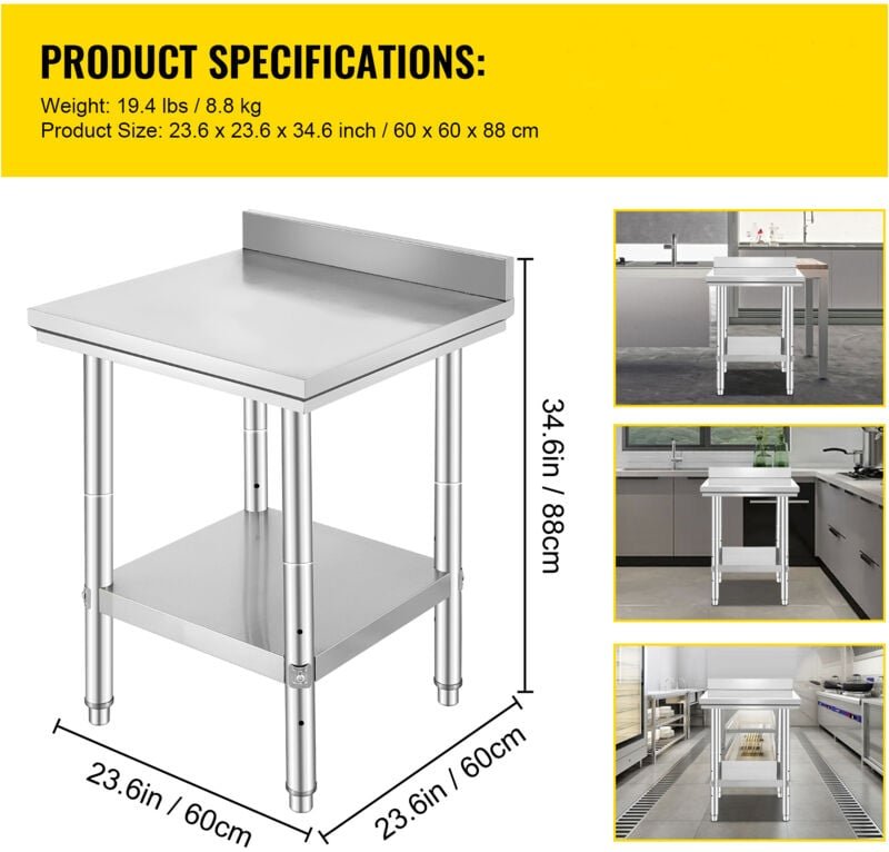 Mophorn - 24 x 24 x 35 Zoll Arbeitstisch aus Edelstahl, gewerblicher Arbeitstisch zur Lebensmittelzubereitung, robuster ...