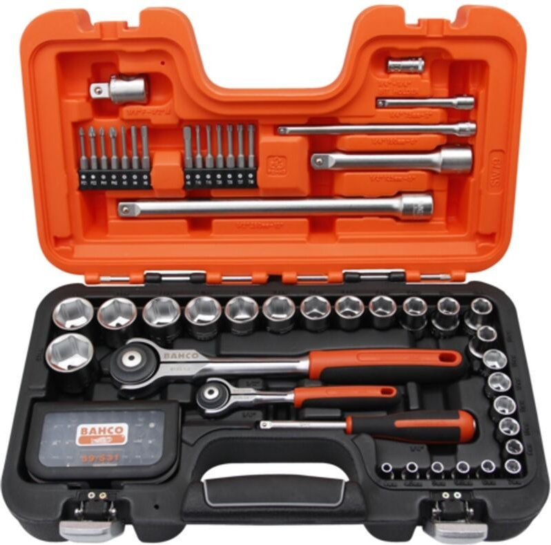 Steckschlüssel-Satz 1/4 und 1/2, metrisch, Sechskantprofil, Vierkantantrieb, inklusive Kugelkopfknarre - 79-tlg. - Bahco