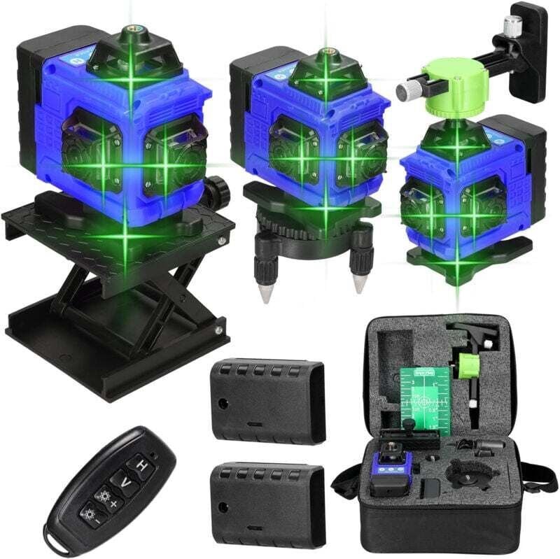 Grüner Laser Level Selbstnivellierend 4 x 360°, 4D 16 Linien Baustellenlaser mit Vertikal/Horizontal Kreuzlinie, 2 x Bat...