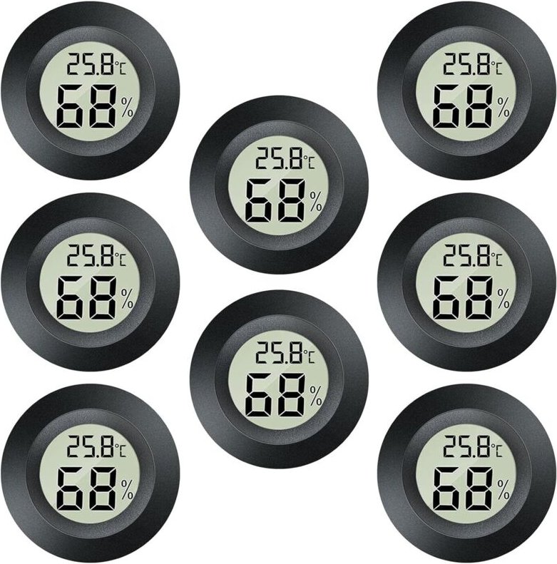 Mini-2-in-1-LCD-Thermometer und -Hygrometer für den Innen- und Außenbereich, Gewächshaus, Keller, schwarz, rund, 8 Stück