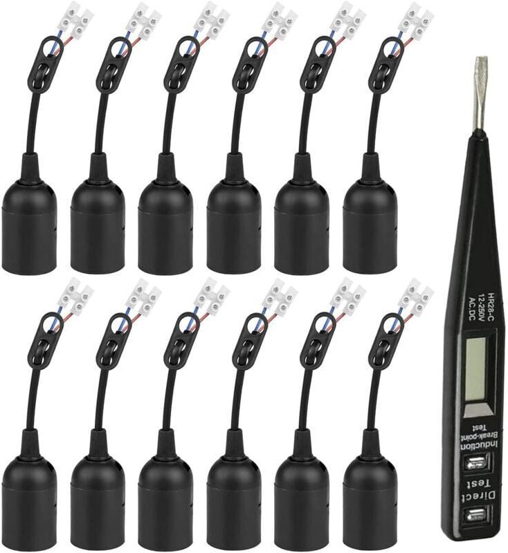 Ersatz-E27-Fassung – 12 Stück E27-Lampenfassungen + VDE-Spannungs-/Phasenprüfer, 4A 250V Lampenfassung mit Kabel (max. 6...