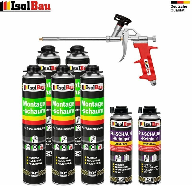 Isolbau - set Pistolenschaum 5 x 750 ml + 1 Metall Schaumpistole + 2 Reiniger Bauschaum