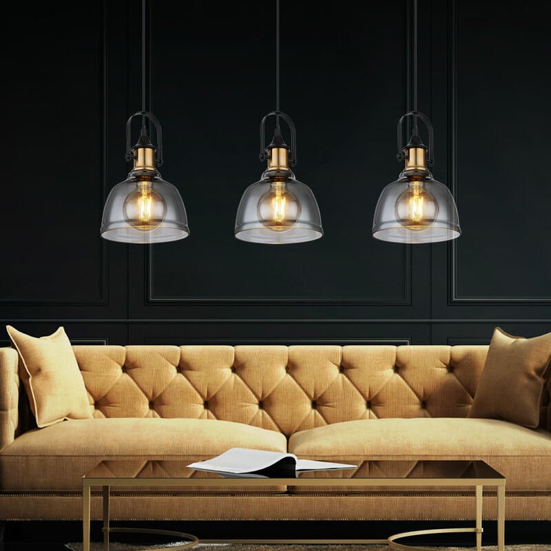 Pendellampe Pendelleuchte Hängeleuchte Hängelampe Esszimmerleuchte, 3 flammig, Retro Metall schwarz Rauchglas messing, 3...