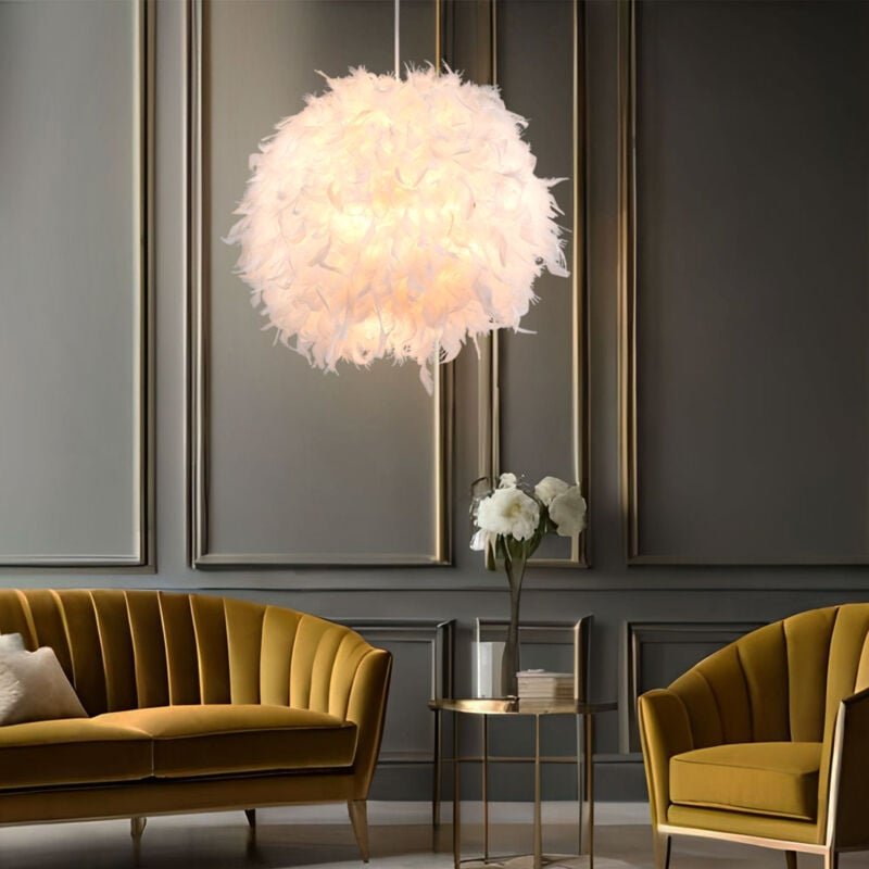 Hängeleuchte Federn weiß Federleuchte Decke weiß Hängelampe Pendelleuchte, Metall, E27 Fassungen, DxH 45x120 cm